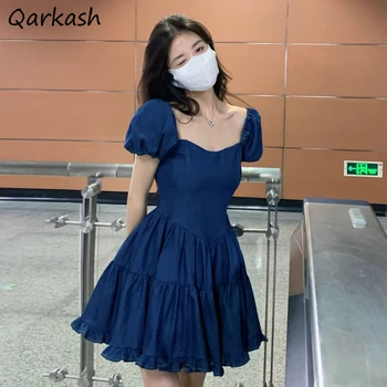 Kısa Kollu Elbiseler Kadın Mavi Yüksek Bel Tatlı Kawaii Japonya Tarzı Yaz Harajuku Yeni Varış Eğlence Kolej Mini Платье Şık