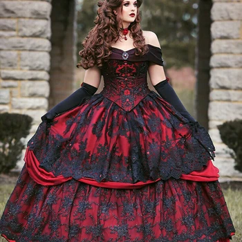Gotik Ortaçağ Bordo ve Siyah düğün elbisesi Uzun Kollu Dantel Aplikler Victoria Masquerade gelin kıyafeti