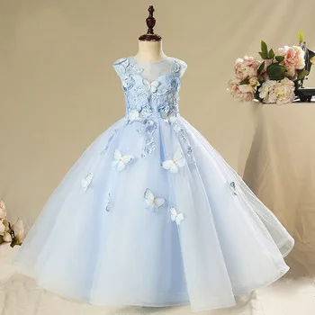 Zarif Çocuklar düğün elbisesi Kelebek Aplikler Çiçek Kız Elbise Uzun Pageant Parti Balo Kız Balo Prenses Resmi Elbise