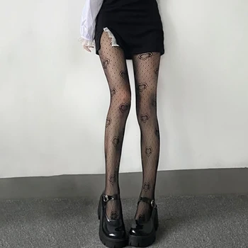 Yeni Gotik Tayt Kadın Tayt Delikli Örgü Çorap Japon Dipli Dantel Külotlu Kalp Rattan Siyah Çorap