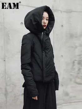 [EEM] Kapşonlu Kalınlaşma Siyah Kısa Pamuk-yastıklı Ceket Uzun Kollu Gevşek Fit Kadın Parkas Moda Yeni Bahar Sonbahar 2023 JI08