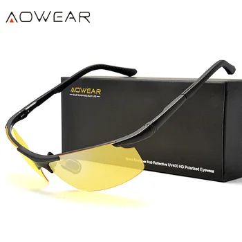 AOWEAR Lüks Çerçevesiz Polarize Gece Görüş Gözlüğü Erkekler Hakiki Alüminyum Açık Spor Sürüş Sarı Güneş Gözlüğü Adam için