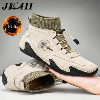 JICHI Kış Erkek Botları Moda Ayak Bileği Deri erkek ayakkabısı Sıcak Peluş Kış Kar gündelik erkek ayakkabısı Rahat ışık Büyük Boy 48