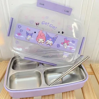 Kawaii Paslanmaz Çelik Bölücü yemek kabı Kuromi Benim Melody Cinnamoroll Çocuk Anime Sanrio Taşınabilir yemek kabı Çatal Bıçak Takımı ile
