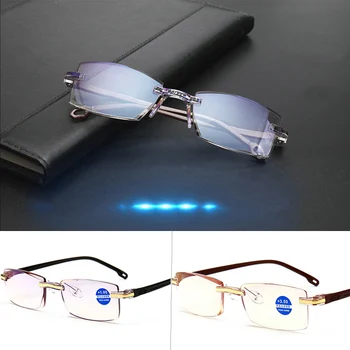 Mavi Işın okuma gözlüğü Kadın Elmaslı Kesme Çerçevesiz Gözlük Erkekler Anti Gözlük Presbiyopik Gözlük Diyoptri +100+150 +200+250+300