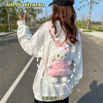 Kawaii Sanrio Kız Kalp Pembe Hello Kitty Peluş Sırt Çantası Karikatür Anime Sevimli hediye çantası Prenses Elbise Bebek Yumuşak kız çocuk çantası peluş oyuncak