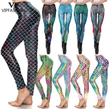 VIP MODA Yüksek Bel Renkli Mermaid Balık Terazi Sıska Spandex Push Up Pantolon Koşu Pantolon Tayt Kadınlar için