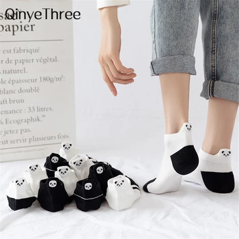 Komik Sevimli Nakış Panda Çorap Kadın Harajuku Divertidos Kawaii Beyaz Siyah Calcetines Mujer Ayak Bileği Sokken Chaussette Femme