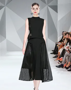 Yeni Moda Yaz Zarif Siyah Iki Parçalı Set Pist Kadın Standı Yaka kolsuz üstler + Yüksek Bel Örgü Patchwork Etek Takım Elbise
