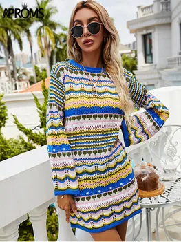 Aproms Vintage Renkli Tığ Mini Elbise Kadınlar 2022 Casual Uzun Kollu Hollow Out Tatil Plaj Moda Kısa Elbiseler Vestidos