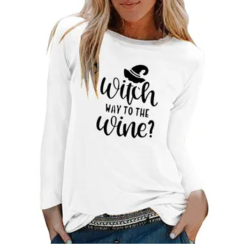 Cadı Yolu Şarap Baskı Cadılar Bayramı Uzun Kollu T-Shirt Kadın Sonbahar Kış Grafik Tees Estetik Beyaz O Boyun Kadın Tshirt