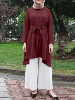 2022 Müslüman Zarif Rahat Gevşek ZANZEA Kadınlar Tunik Bluz O-boyun Düz Renk Düğmeleri İnce Blusas Lace Up Femme Tatil Tops