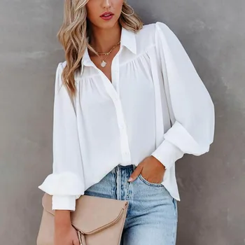 Uzun Latern Kollu Beyaz bluz Gömlek Kadın İlkbahar Sonbahar Yeni Tasarım Zarif Ofis kadın gömleği Kadınlar Blusas mujer için Tops