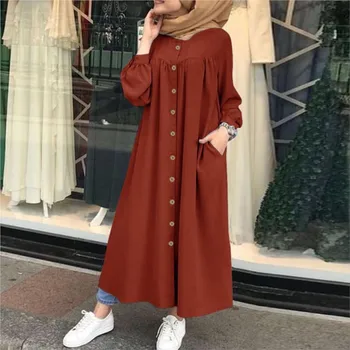 Moda uzun müslüman elbisesi Kadınlar Casual Uzun Kollu Gömlek Düz Renk Ankara Elbiseler Abaya Düğme Hırka 2022 İlkbahar Yaz S 5XL