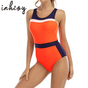 Bayan turuncu kolsuz Leotard yuvarlak boyun kesme geri Bodysuit spor Fitness yüzme için