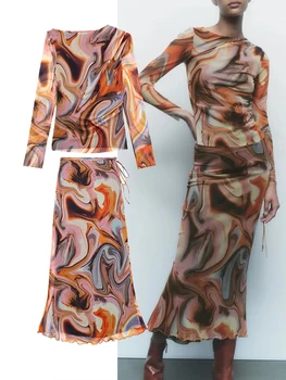 TRAF Kadın 2 Parça Setleri Moda Tül Baskılı Bluz İnce Üstleri + Midi Etekler Dantelli Zarif İki Adet Set