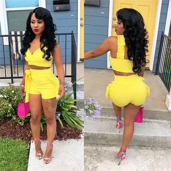 Iki Parçalı Set 2019 Yaz kadın kırpma üstleri Yüksek Bel Şort 2 adet Ruffles Bow kıyafetler Bayanlar Sarı Ince eşleşen Giyim setleri