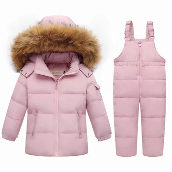Aşağı Gerçek Kürk Kapşonlu Ördek Aşağı Ceket Kızlar için Sıcak Çocuklar Kar Takım Elbise Çocuk 2-5T Ceket Snowsuit Kış Giysileri Erkek Giyim Seti