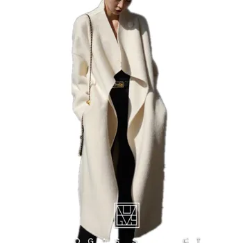 Yeni varış kış moda pelerin x-uzun yün palto kadınlar gevşek beyaz soğuk sıcak yün karışımları dış giyim