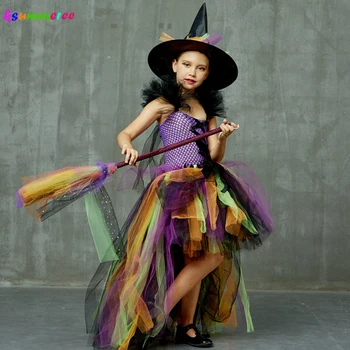 Kızlar Kötü Cadı Cadılar Bayramı Kostüm Firar Tül Çocuklar Fantezi Tutu Elbise cadı şapkası Çocuk Karnaval Cosplay Parti Elbiseler