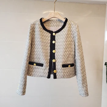 Lüks Zarif Sonbahar Kış Ekose Ceketler Kadın Vintage Harajuku Tüvit Palto Artı Boyutu Altın Metal Düğmeler Hırka D153