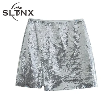 SLTNX Kadın Moda Pullu Mini Etek 2022 Yaz Gevşek Rahat Kısa Etekler Bayanlar A-Line Şık Zarif Etek