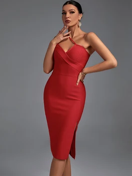 Midi Bandaj Elbise 2022 Yeni kadın Kırmızı Bodycon Elbise Zarif Seksi Cut Out Akşam Kulübü Parti Elbise Yüksek Kalite Yaz