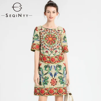 SEQINYY Sicilya Mini Elbise Yaz Bahar Yeni Moda Tasarım Kadınlar Pist Vintage Çiçek Baskı Boncuk Yüksek Sokak Zarif