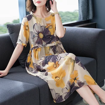 Yaz Sarı Çiçek Doğal İpek Boho Midi Sundress 2022 Kore Vintage Kadınlar Elbise Zarif Bodycon Parti Vestidos