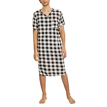 Gömlek Elbise Erkek Gecelik Pijama Yaz V Boyun Üstleri Nefes Rahat Rahat Ev Giyim L-3XL Kafes