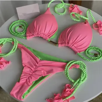2022 Yaz Plaj Yeni Mayo Seksi El Örgü Halat Düz Renk Parti Bikini Mayo Kadınlar