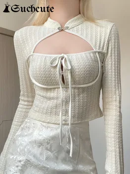 SUCHCUTE Fairycore Katı Sahte Iki Kadın T Shirt Kore Moda Temel Vintage Casual Kırpılmış Üstleri Harajuku Uzun Kollu Elbise