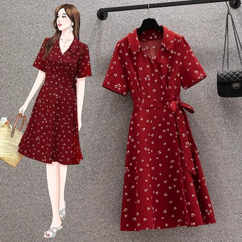EHQAXIN Kadınlar Kırmızı Romantik tatil elbisesi Yaz V Yaka Kısa Kollu Dantel Up Bel Retro Baskı Çözgü Uzun Gömlek Elbiseler