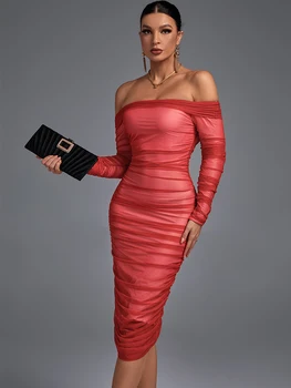 Örgü Kapalı Omuz Bodycon Elbise 2022 Kadın Kırmızı Akşam Parti Elbise Bodycon Zarif Seksi Uzun Kollu Midi Yaz Kulübü Kıyafetleri