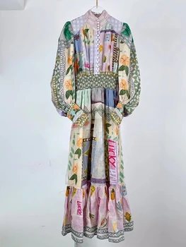 Moda Tasarımcısı 2022 Bahar Vintage uzun elbise Kadın Tek Göğüslü Fener Kollu Mektup Baskılı Tatil Elbiseler