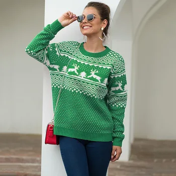 Kadın Noel Kazak Sonbahar Kış Kadın Moda Yuvarlak Boyun Uzun Kollu Ren Geyiği Örme Gömlek Kar Tanesi Kazak Tops