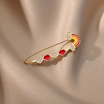 Emaye Gökkuşağı Pimleri Broş Kadınlar için Paslanmaz Çelik Zirkon Broş Çift Pin Düğün Estetik Takı noel hediyesi mujer