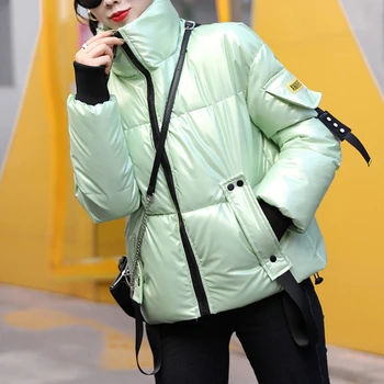 Kadın Sonbahar Kış Pamuk Trendi Rahat Düz Renk Mont Kısa Parlak Yüz 2021 Yeni Sıcak Ceketler Kalın Uzun Kollu Paltolar
