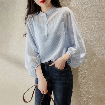 2022 İlkbahar Sonbahar Yeni Moda Mavi Çizgili Bluz Tasarım Fener Kollu İnce Gömlek Kore Turn Down Yaka Açık Dikiş Bluz