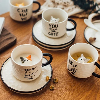 Sevimli Kedi Kız Kupa Basit Edebi Öğleden Sonra Çay Kahve fincan ve çay tabağı Çift Çocuk İçme Süt seramik fincan