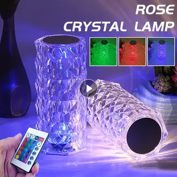 Gül Kristal Lamba LED masa lambası projektör 1/3/16 Renk Uzaktan Kumanda Romantik Elmas atmosfer ışığı USB Dokunmatik Gece Lambası